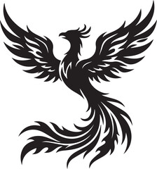 Fototapeta premium Phoenix bird rising from flames with outstretched wings. Mythical firebird symbolizing rebirth and power in black silhouette.