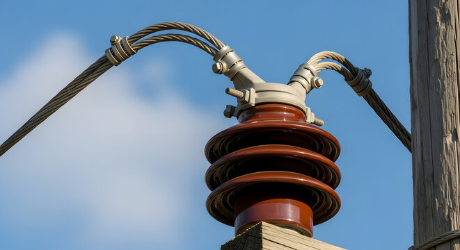 Close-up on a ceramic power line insulator and electrical cables on a wooden utility pole, illustrating key components for energy distribution and grid infrastructure