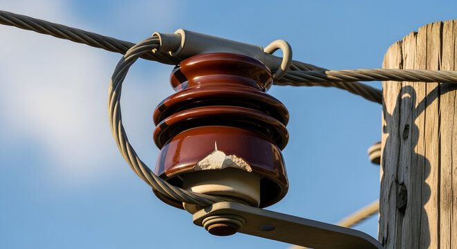 Brown ceramic electrical insulator mounted on wooden utility pole with transmission lines against clear blue sky
