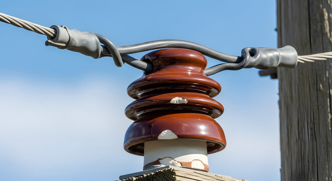 Damaged brown ceramic electrical insulator on a wooden utility pole against a blue sky
