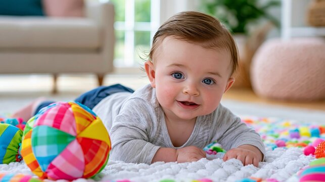 Infant lies on play mat in living room with colorful toys and natural light shining through window Generative AI