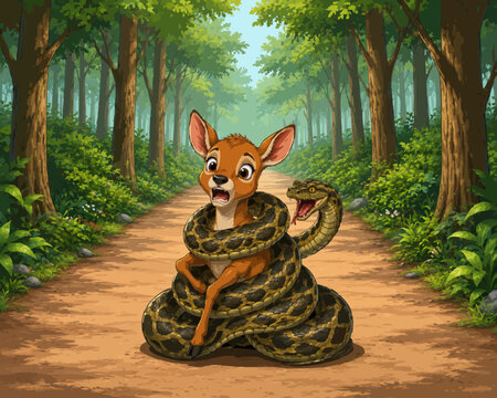 a frightened mouse deer being tightly coiled by a large python in the middle of a forest.