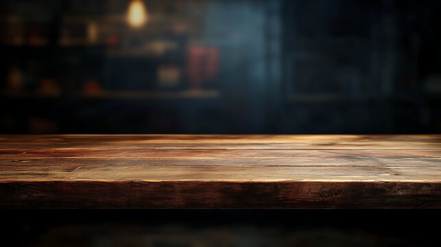 Empty wooden table surface with dark blurred background