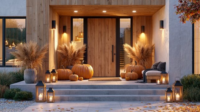 Modern front door with pumpkins and lights in autumn evening at a Scandinavian home Generative AI