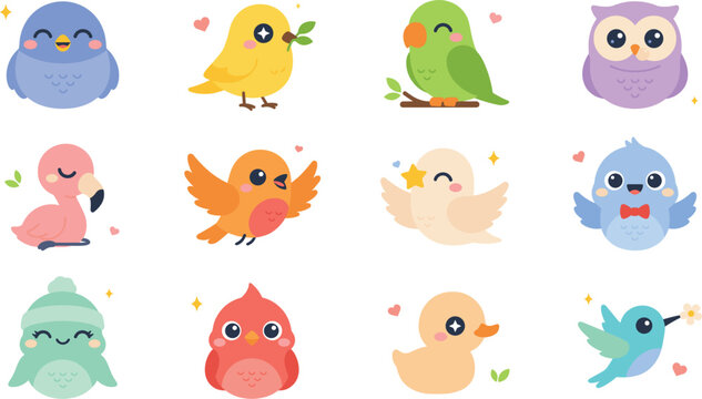 Cute Kawaii Bird Character Avatar Icon Set Featuring Owl Flamingo Parrot Hummingbird and Duckling for Kids Nursery Pattern and Sticker Designs