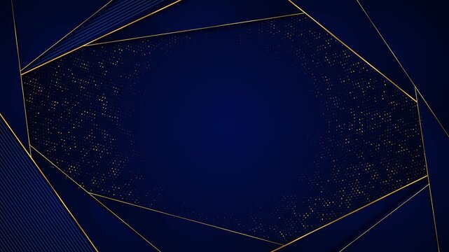 Royal blue geometric panels sharp angular frame fine gold borders dotted side textures. corporate titles, luxury branding, business presentations, award graphics, event screens, logo reveals,