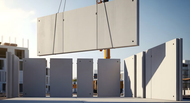 Industrial Modular Construction with Large Precast Concrete Wall Panels Being Lifted by Crane