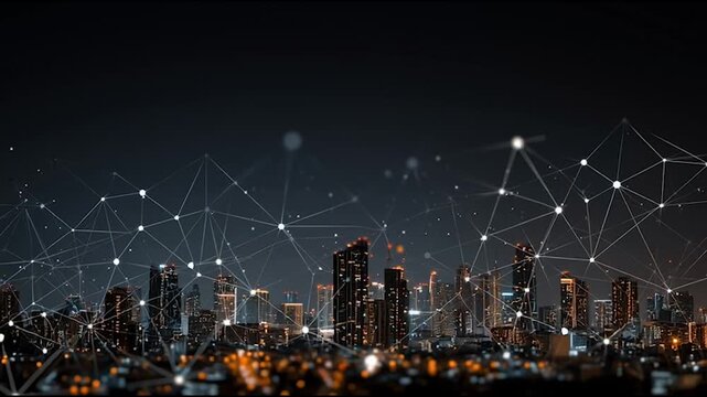 Smart digital city with connection cyber security network reciprocity over the twilight cityscape.future wireless digital city and social media networking systems that connects people within the city	