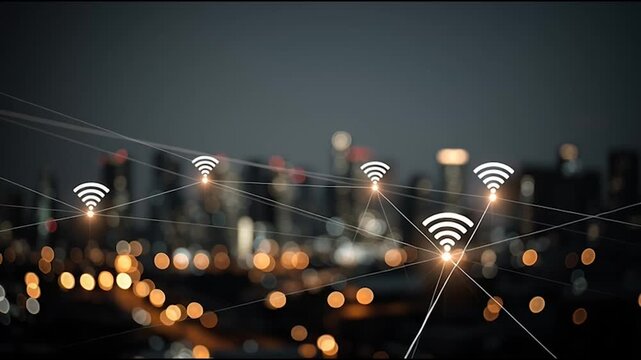 Smart digital city with connection cyber security network reciprocity over the twilight cityscape.future wireless digital city and social media networking systems that connects people within the city	
