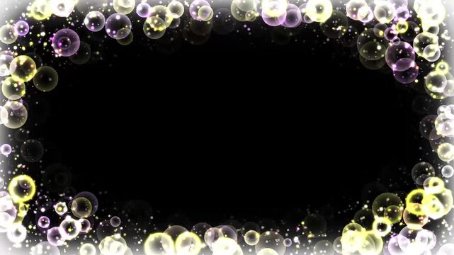 Colorful luxury glowing bokeh circles forming elegant frame border, with sparkling particles seamless loop for text logo intro overlay, highlighting premium celebration mood, black background. 4k