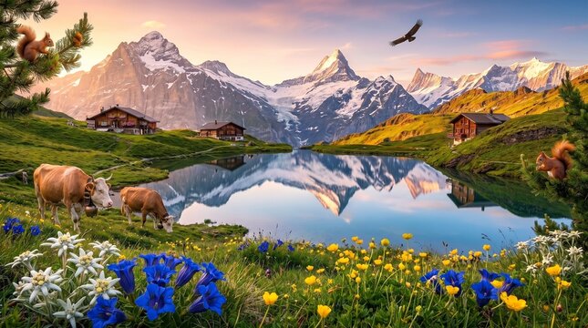 Alpine Lake Serenity: Majestic snow-capped mountains reflect in a crystal-clear alpine lake, surrounded by charming wooden chalets, grazing cows, vibrant wildflowers, and playful squirrels.