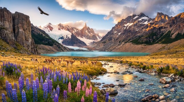 Patagonia's Majesty: An eagle soars over a breathtaking glacial lake, surrounded by jagged mountain peaks and vibrant wildflowers in the Patagonian wilderness.