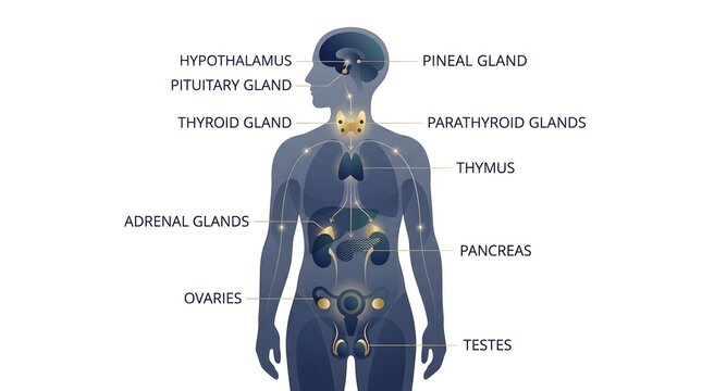 Human endocrine system anatomical diagram showing major hormone producing glands in body silhouette.