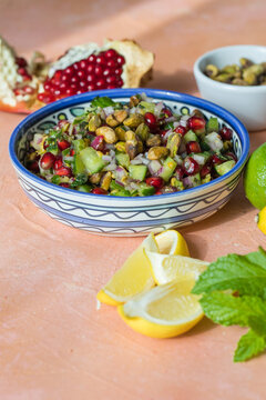Healthy pomegranate cucumber salsa, red onion mint , vinegar dressing.