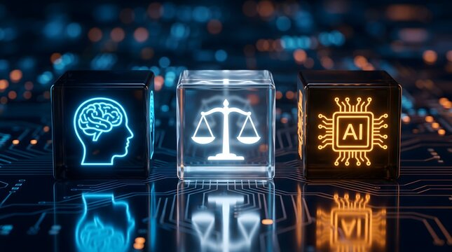 Futuristic 3D rendering of illuminated digital cubes showing AI, justice, and human intelligence icons on a motherboard, representing artificial intelligence law