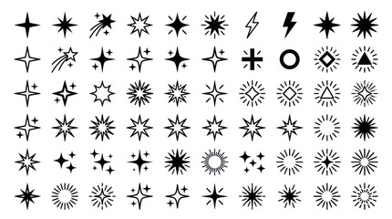 Collection of various black star shapes, sparkle symbols, magic glitters, and lightning flash icons for decorative graphic design elements © uzumaki