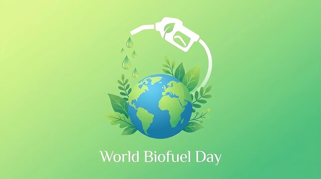 World Biofuel Day - Earth with Fuel Nozzle and Green Leaves.