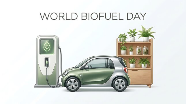 World Biofuel Day - Eco-Friendly Car at Charging Station with Green Energy Symbol.