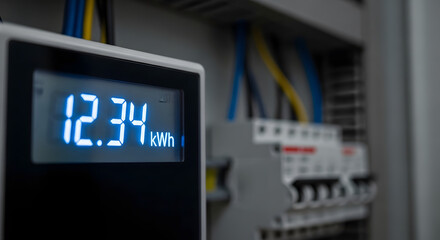 Fototapeta premium Digital electricity meter displaying power consumption reading in kilowatt hours inside an electrical panel box
