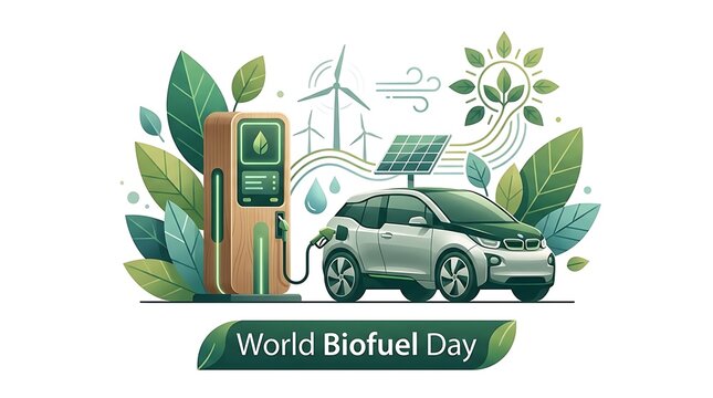 World Biofuel Day - Electric Car Charging at Green Energy Station with Solar Panels and Wind Turbines.