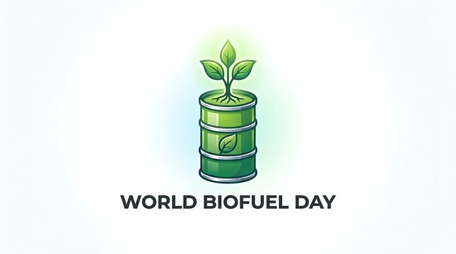 World Biofuel Day - Green Barrel with Sprouting Plant Symbolizing Sustainable Energy and Environmental Awareness.