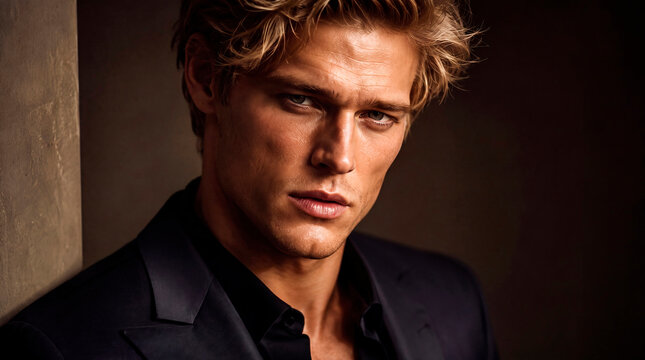 Cinematic close-up portrait of a confident young man with tousled blond hair, wearing an elegant dark suit and black shirt. Warm dramatic lighting, realistic skin texture and a luxurious editorial fas