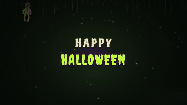 Spooky Happy Halloween text animation with hanging voodoo doll against dark background
