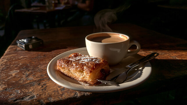 Coffee and Pastry Break in Warm Sunlight