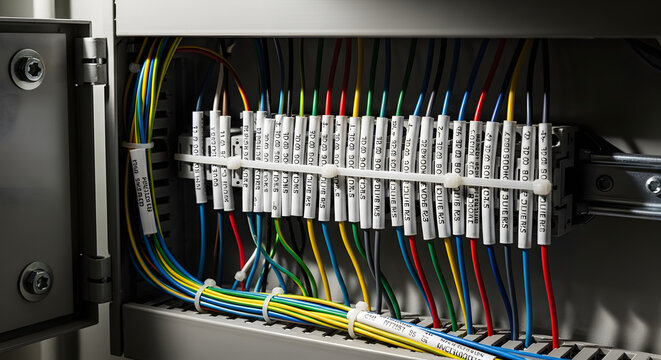Close-up of a complex electrical wiring system inside an industrial control panel, showcasing numerous colorful wires connected to terminals for efficient power distribution