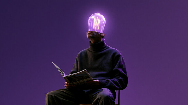 Man Reading Book With Glowing Lightbulb Head