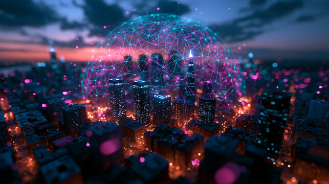 Digital Global Network Connection Over Cityscape at Night