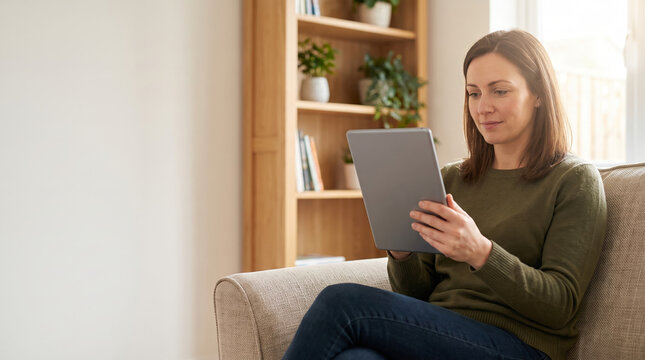 Woman completing a mental health self-assessment on a tablet at home