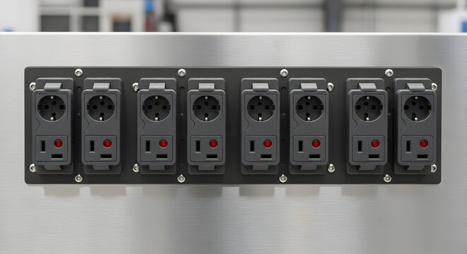 Row of industrial electrical power outlets mounted on a professional brushed metal control panel for heavy machinery equipment