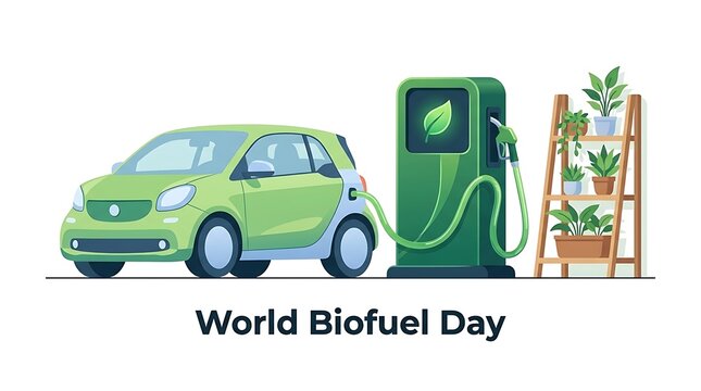 World Biofuel Day - Green Car Refueling at Eco-Friendly Station with Plants.