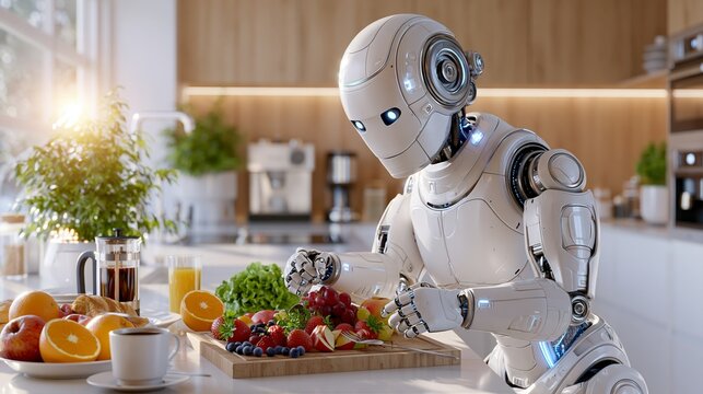 Humanoid robot prepares healthy breakfast in modern Scandinavian kitchen with fresh fruits and coffee in warm sunlight Generative AI