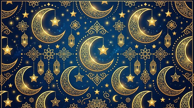 Intricate Golden Crescent Moons and Lanterns Pattern for Ramadan Kareem and Eid Mubarak Background
