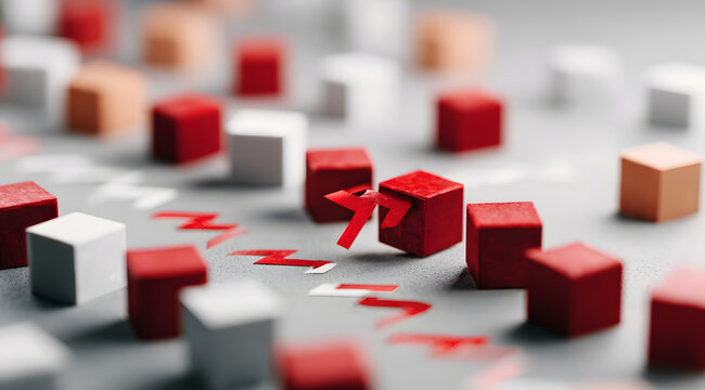 Arrows on cubes following a flexible path and reacting to events and dangers are part of the concept of Flexibility and Adaptation.
