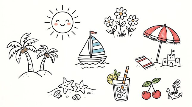 Colorful hand-drawn summer vacation doodles with beach symbols and tropical elements, vacation