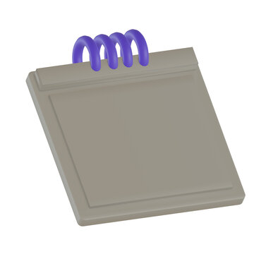Representaci&oacute;n en modelado 3D de un calendario de escritorio o bloc de notas con espiral morada superior y hojas beige en blanco, visto en &aacute;ngulo perspectivo e aislado sobre un fondo negro s&oacute;lido. Maq