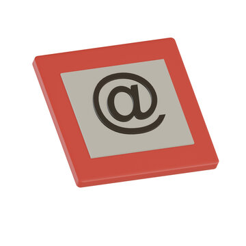 Representaci&oacute;n en modelado 3D de un icono cuadrado o tarjeta de color rojo con un recuadro central beige y el s&iacute;mbolo de arroba (@) en color oscuro, visto desde un &aacute;ngulo perspectivo e aislado sobre u