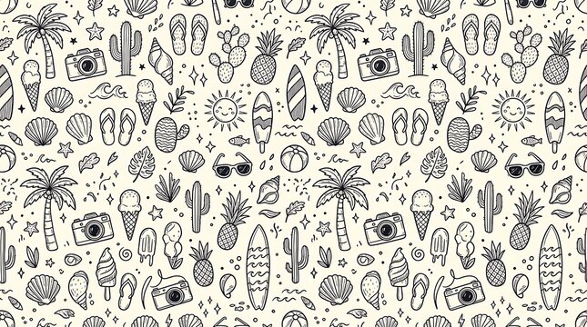 Summer vacation hand drawn pattern with tropical beach icons and surfboard elements, vacation