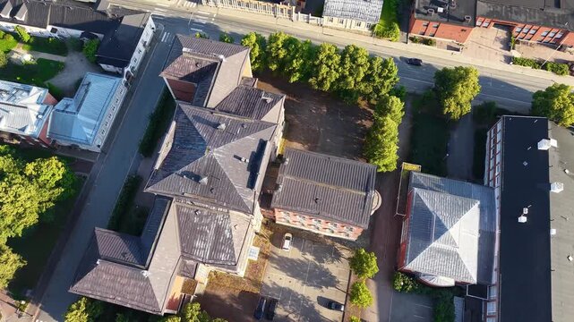 European city H&auml;meenlinna from top down perspective with buildings, cars and people. 