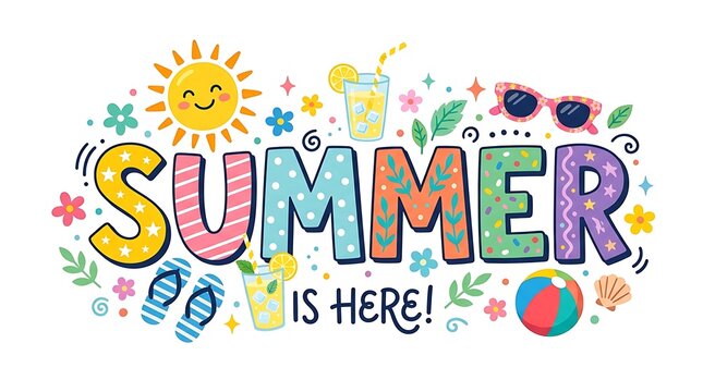Summer is here colorful decorative hand drawn lettering and tropical elements with lettering