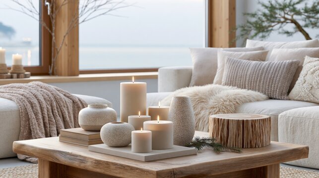 Elegant winter home interior with soft blankets and natural wood textures in a cozy setting Generative AI