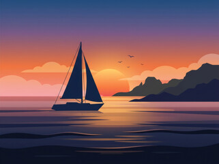 Fototapeta premium Sailing Boat Silhouette on Calm Ocean at Vibrant Orange and Purple Sunset Scene