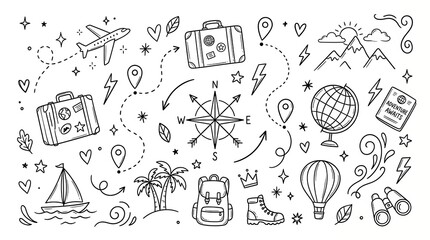 Fototapeta premium Hand drawn travel doodles set with compass globe and suitcases on white background, suitcase
