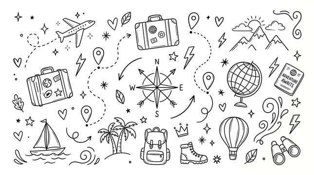 Hand drawn travel doodles set with compass globe and suitcases on white background, suitcase