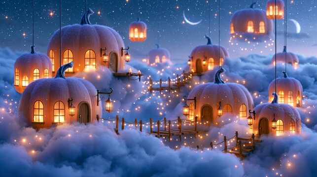 Floating pumpkin village in clouds with lanterns and bridges at night Generative AI
