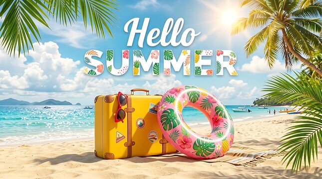 Vintage yellow travel suitcase with beach inflatable ring on sandy shore with hello summer text