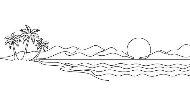 Simple line art outline of a sunset beach landscape with calm waves and palm trees, landscape